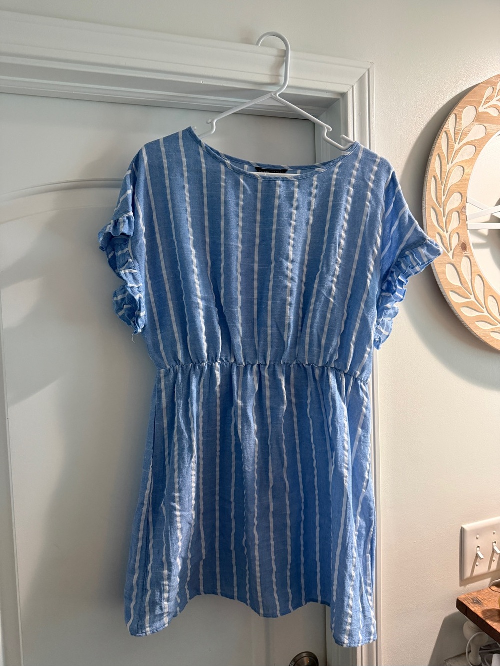 SHEIN Blue and White Striped Ruffle Sleeve Dress